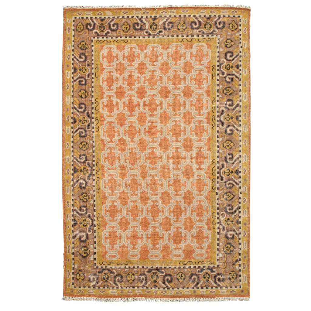 Orange Hand Knotted Wool Traditional Rug 9x12 - Rich Geometric Pattern with Handwoven Luxury and Classic Style - N/A