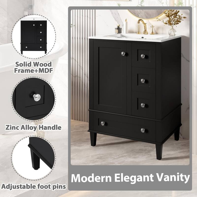GDFStudio - Faraday Modern Freestanding Bathroom Vanity with Ceramic Sink, Double-Layer Shelf and Soft Close Drawers & Door