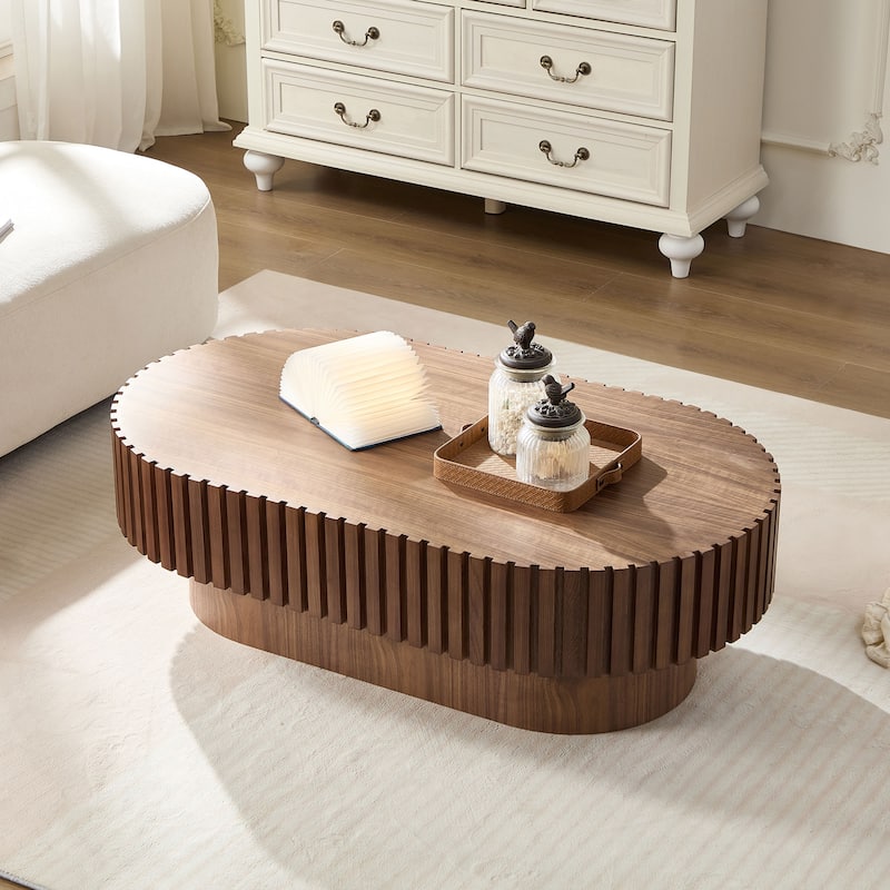 Modern Contermporary Natural Oval Accent Coffee Table with Sturdy Pedestal, MDF for Living Room No Assembled