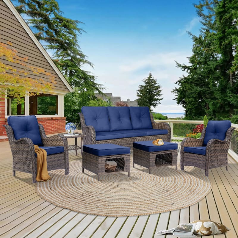 6 Piece Outdoor Patio Conversation Furniture Wicker High Back Sofa Set - Navy Blue-Brown Rattan