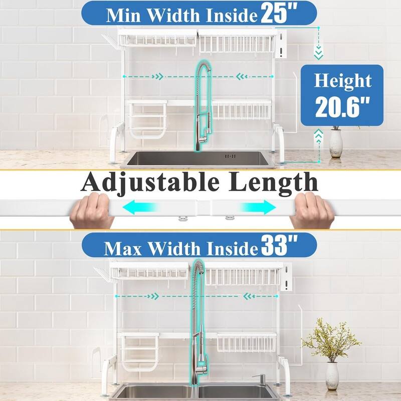 Adjustable double-layer metal steel dish drying rack above the sink, with hooks, paper towel holder, and dish cup holder.