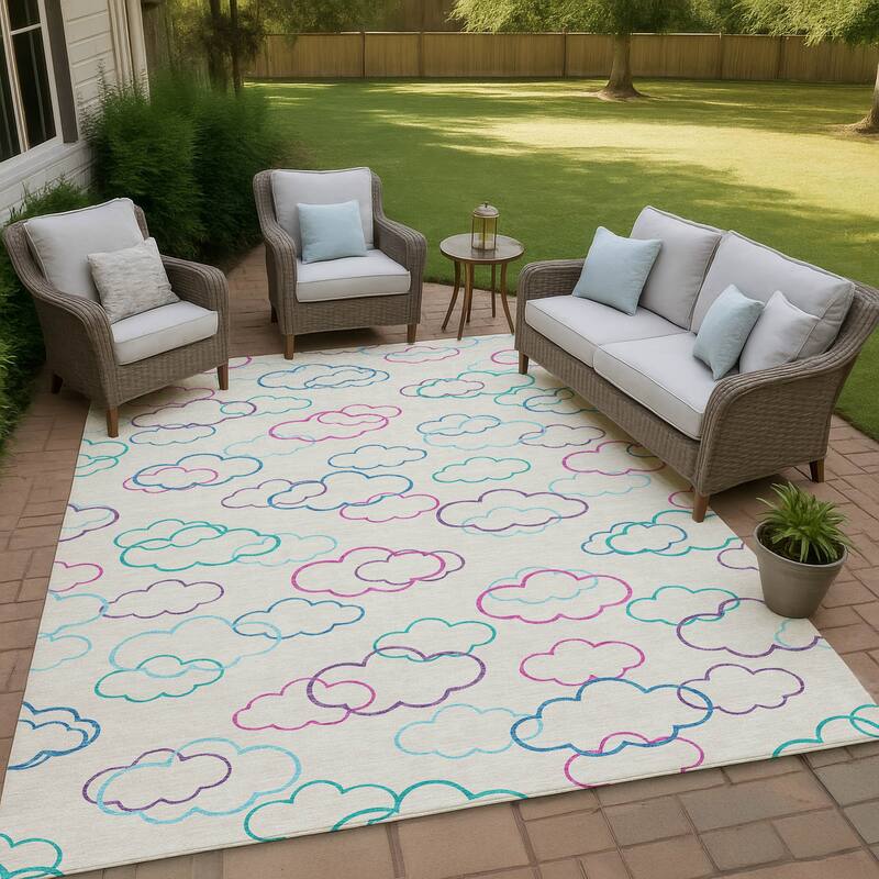 Machine Washable Indoor/ Outdoor Modern Clouds Chantille Rug - Ivory - 3' x 5'