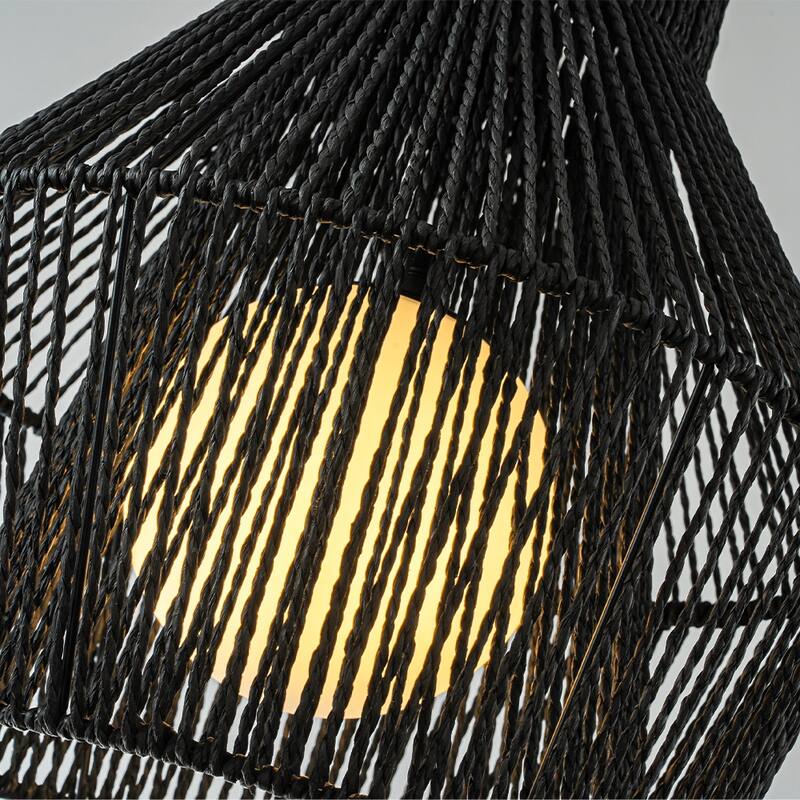 1-Light Modern Black Hand-Woven Rattan Chandelier Bubble Trasitional Cylinder Medium Natura Pendant Light For Bedroom