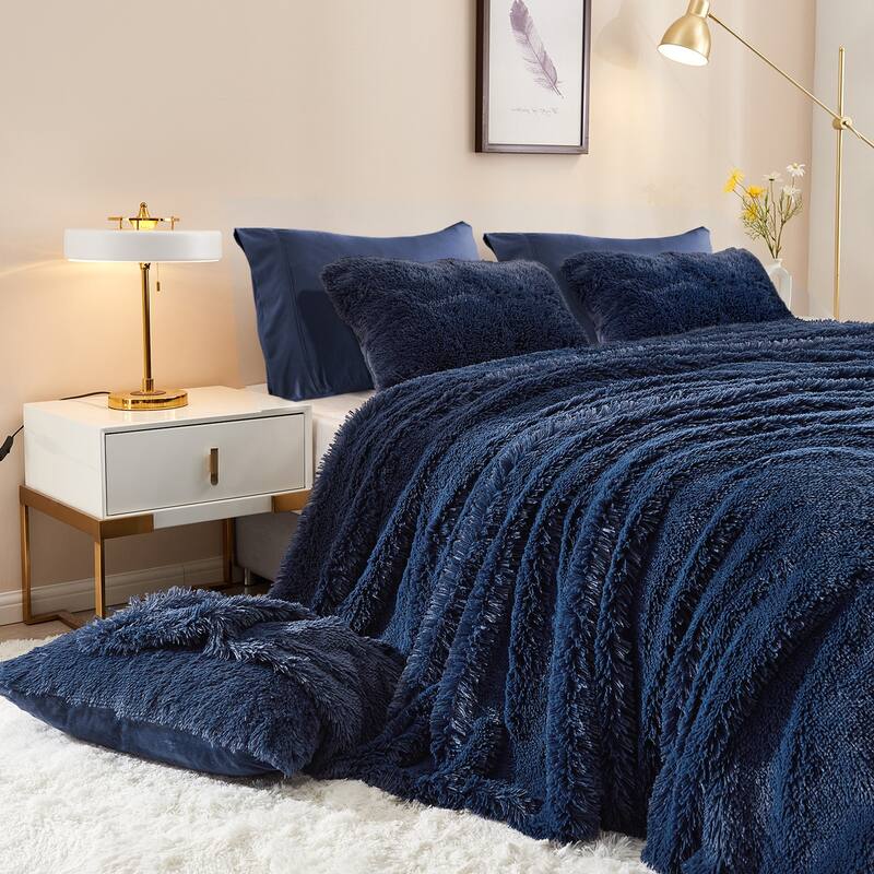 Plush Fluffy Shaggy Crystal Velvet Duvet Cover - Blue - Queen