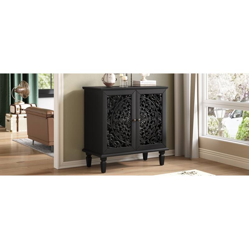 Roomfitters 2-Door Hollow-Carved Accent Cabinet, Symmetrical Floral Sideboard with Adjustable Shelf