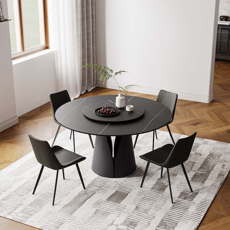 Modern Round White Dining Table，Sintered Stone Tabletop, Solid Black Carbon Steel Base
