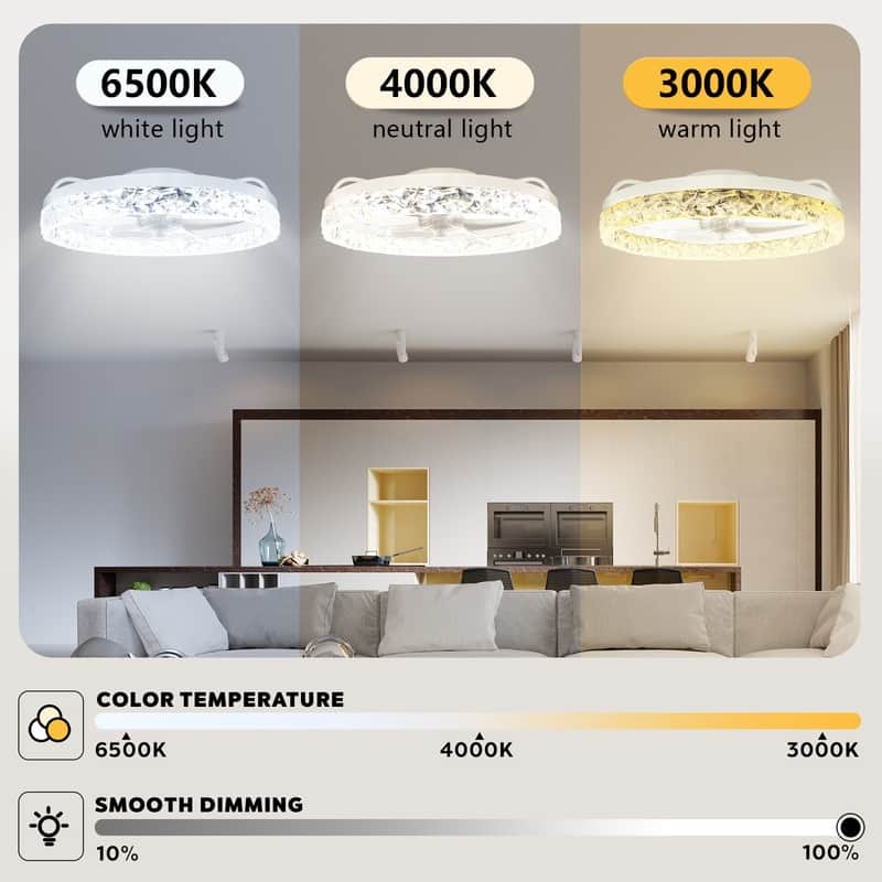 20 in. LED Indoor Black Crystal Flush Mount Ceiling Fan with Light Dimmable for Low Profile Kids Room