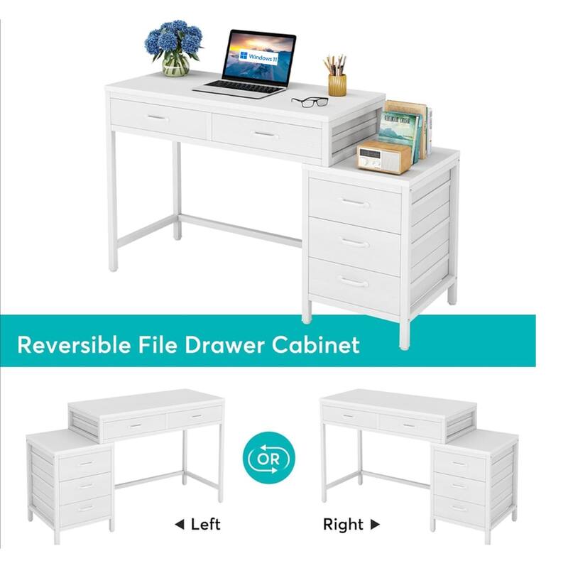 51" Reversible Computer Desk with 5 Drawers and File Cabinet, Office Desk with Printer Stand, Writing Table with Storage
