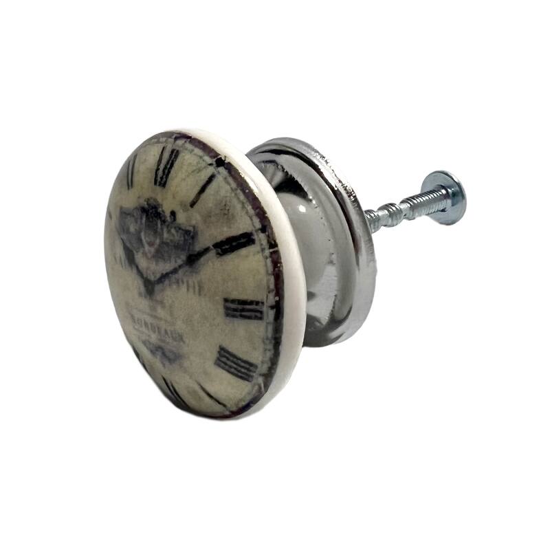 HomeRoots Set of Six Black And White Clock Face Ceramic Drawer Pull Knobs - 1.50 in. x 1.00 in. x 1.50 in.