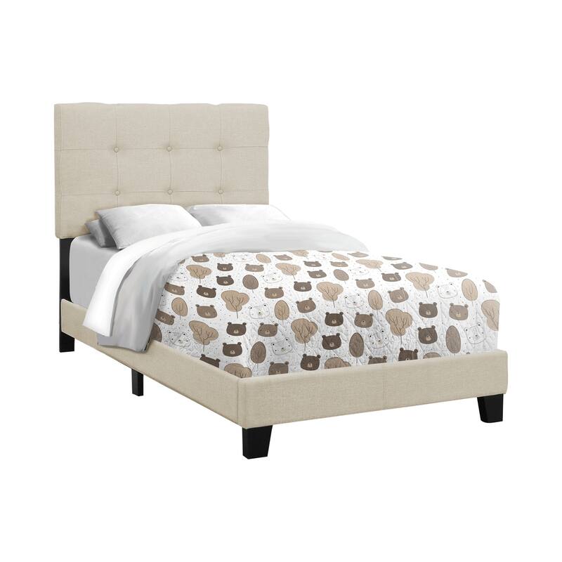 Twin Size Upholstered Platform Bed Frame with Beige Linen Look, Transitional Design