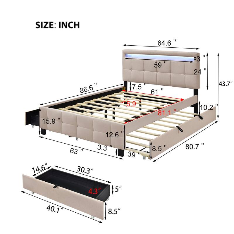 Remote Control LED Headboard Bed Frame Linen Fabric Upholstered Platform Bed with Pull-out Trundle Bed & 2 Drawers