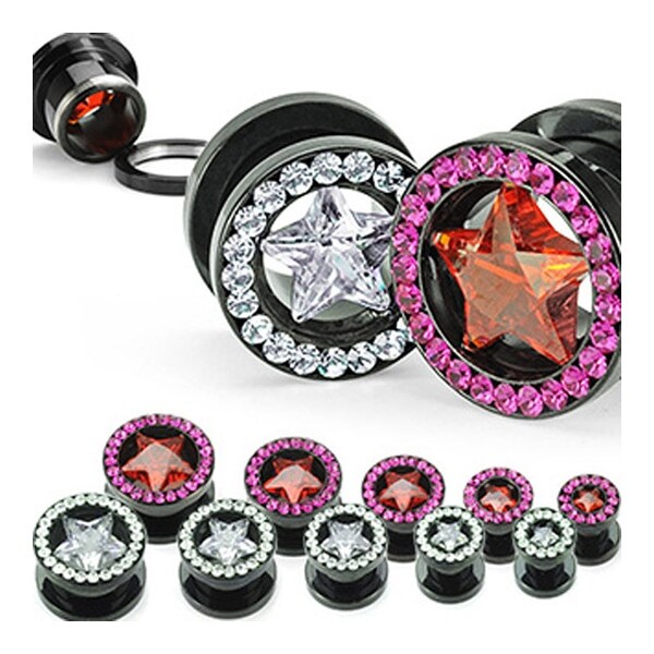 Titanium Anodized over Surgical Steel Screw Fit Tunnel with Gemmed with Star CZ (Sold Individually)