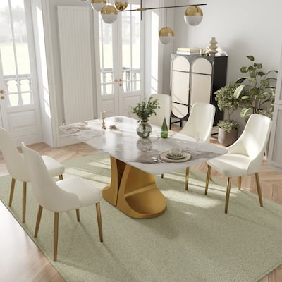 70-Inch Rectangle Marble Dining Table, Modern Sintered Stone Kitchen Dinner Table with Gold Finish Metal Base for 6-8