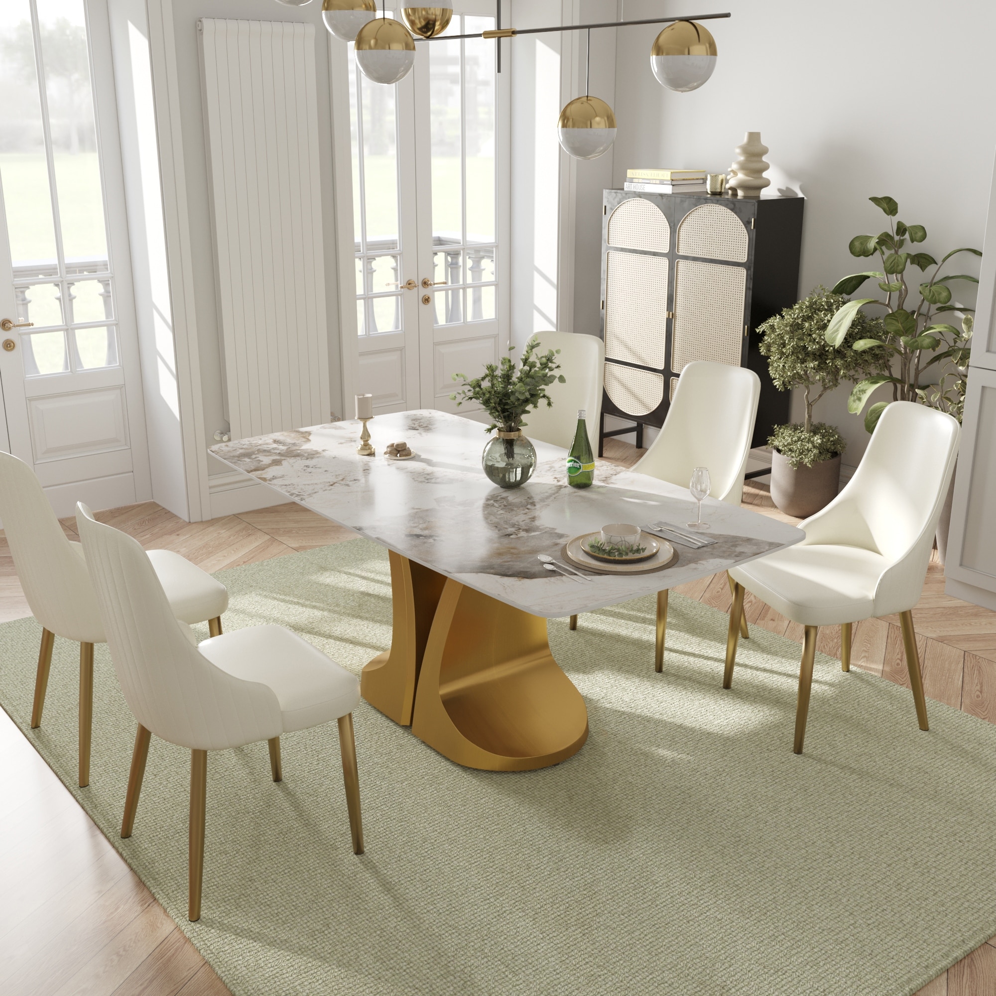 70-Inch Rectangle Marble Dining Table, Modern Sintered Stone Kitchen Dinner Table with Gold Finish Metal Base for 6-8