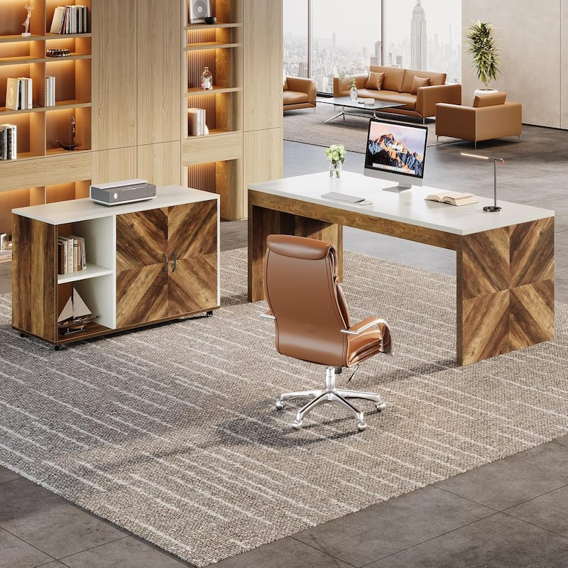 63-inch L-Shaped Desk, Modern Executive Office Desk with Mobile File Cabinet - Brown & White