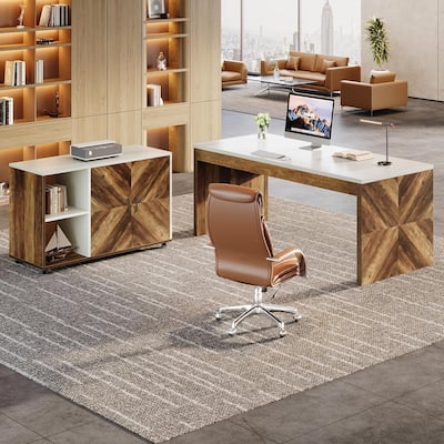 63-inch L-Shaped Desk, Modern Executive Office Desk with Mobile File Cabinet