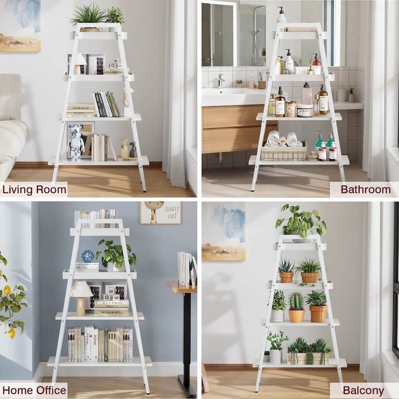 VECELO Modern 4-Tier Corner Ladder Bookshelf Metal & Waterproof MDF Shelves for Living Room Kitchen & Bathroom Corner Bookcase