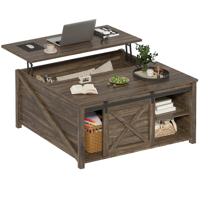 BOSSIN 31.5" Square Farmhouse Lift-Top Coffee Table - Wooden Living Room Center Table with Hidden Storage - Brown