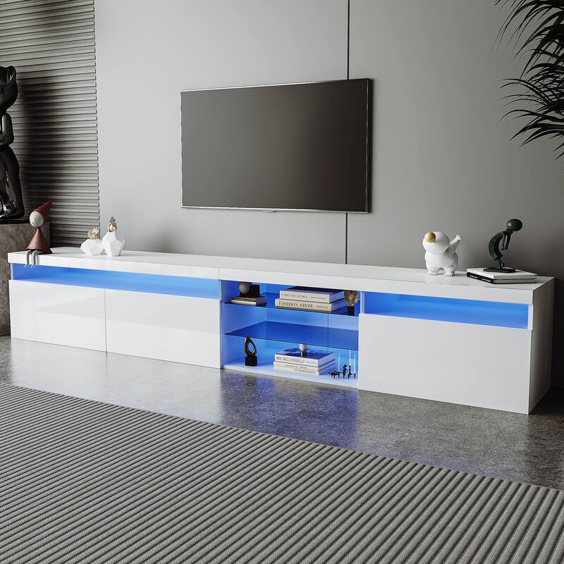 LED TV Stand with Storage Up to 100" TV, Home TV Cabinet with 2 Glass Shelves, Floor Media Console Table for Living Room - White