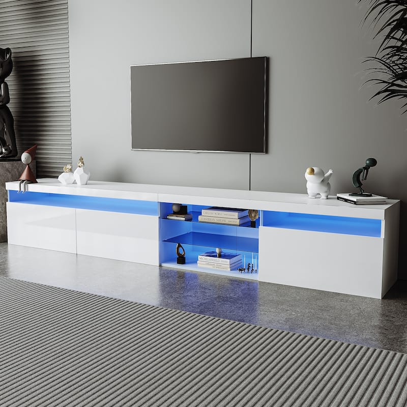 Roomfitters Versatile TV Cabinet with 2 Glass Shelves, Unique Design Entertainment Center for TVs up to 105" - White