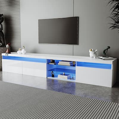 White 94" TV Stand with Glass Shelves & LED for TVs Up to 105"