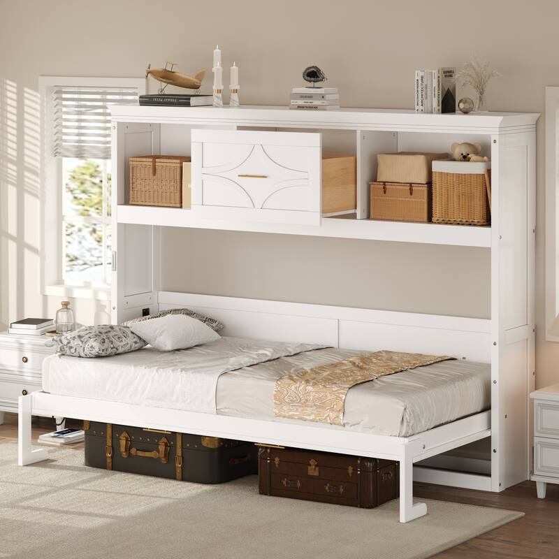 Solid Pine Murphy Bed Chest with Charging Station, Twin Size Murphy Wall Bed, Foldable Platform Bed Frame with Drawer