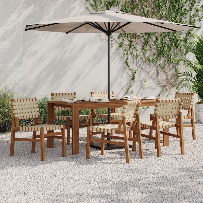 Christopher Knight Home - Orla Outdoor Acacia Wood Dining Set with Woven Rope Side Chairs & Rectangular Slat Table - 7-Piece Set-Teak Finish+Beige