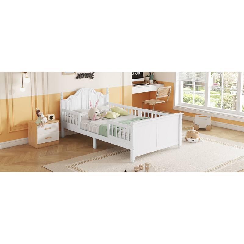 Roomfitters Twin/Full Platform Bed, Slatted Headboard and Removable Guardrails with Wooden Frame for Bedrooms or Guest Rooms