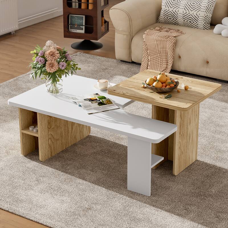 Farmhouse Set of 2 Nesting Coffee Tables, Rectangle Center Table w/ Storage,Small Coffee Tables, Sofa Side Table for Living Room - White