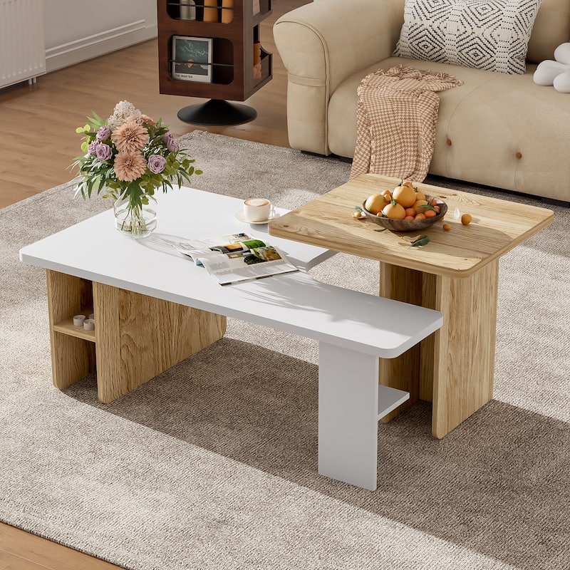 Set of 2 Nesting Coffee Tables Farmhouse,Rectangle Coffee Table Living Room,Wood Finish Coffee Table Set, Small Coffee Tables - White