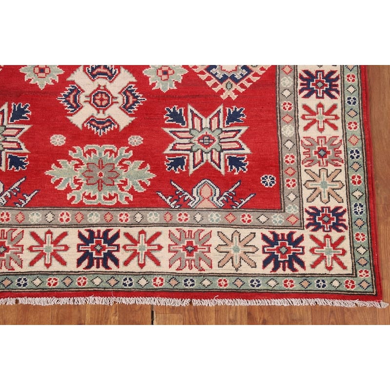 Red Geometric Kazak Area Rug Handmade Oriental Bedroom Wool Carpet - 4'10" x 6'5"