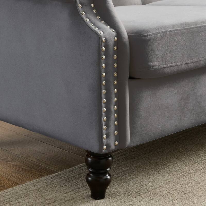 Chesterfield Sofa Velvet for Living Room, 3 Seater Sofa Tufted Couch with Rolled Arms and Nailhead, two pillows 