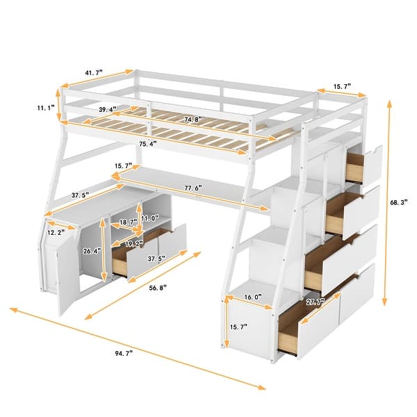 Modern Twin Size Loft Bed With 7 Drawers,2 Shelves and Desk,Sturdy Construction