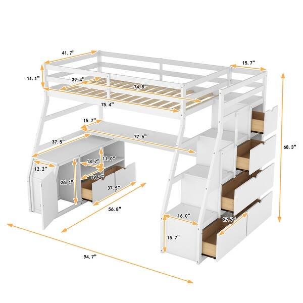 dimension image slide 0 of 3, Wooden Twin Size Loft Bed Frame with Built-in Desk, Cabinet, 2 Shelves, Storage Stairs and Full-length Guardrails - Unisex