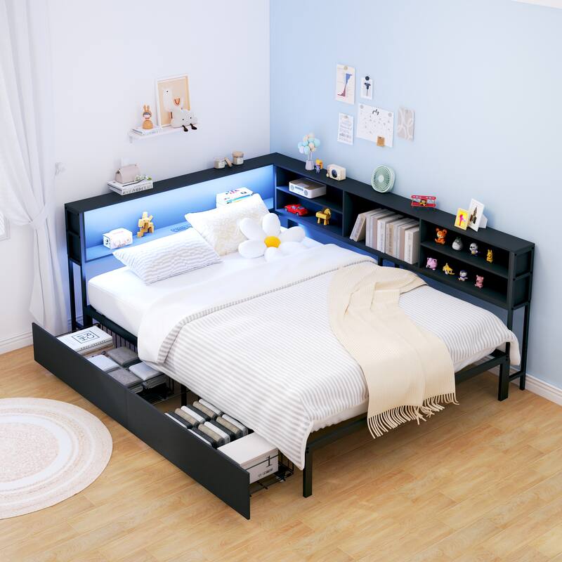 Corner Daybed Kids Platform Bed Frame with Storage Bookcase, Underbed Drawers, Charging Station and LED Lights - Black - Full