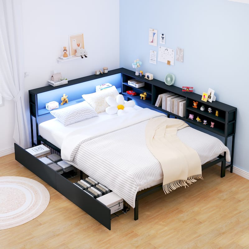 Kids Corner Bed with Storage, Twin/Full Daybed with Drawers, Bookcase Headboard with Charging Station & LED Lights
