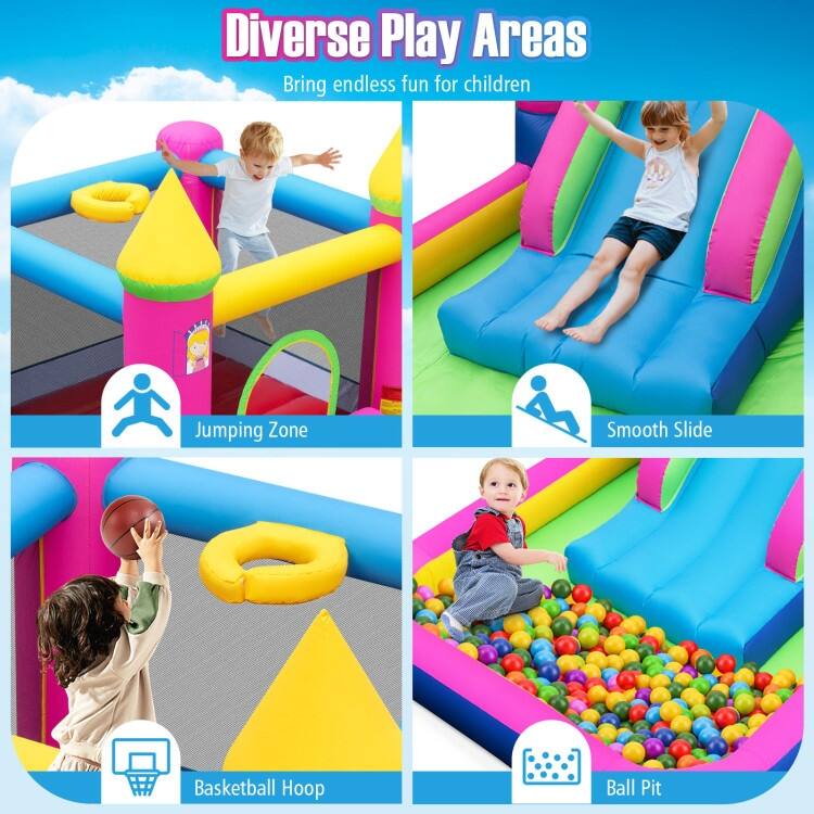 Inflatable Bounce House 4-in-1 Kids Princess-themed Bouncer Blow-up Bouncy Castle - 143" x 79.5" x 81"