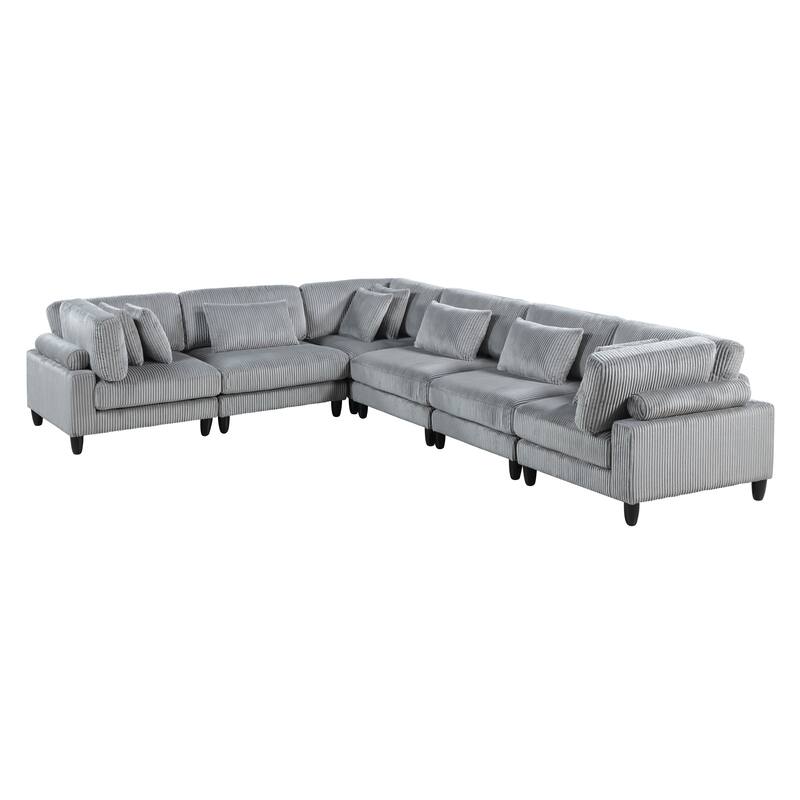 6pc Gray Corduroy Modular Sectional Set with Pillows, Wood Frame, 120x160x36 inches, 384 pounds