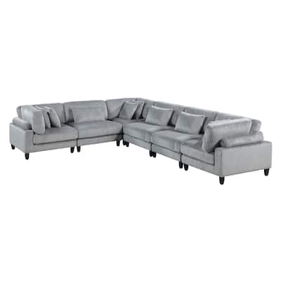 6pc Gray Corduroy Modular Sectional Set with Pillows, Wood Frame, 120x160x36 inches, 384 pounds