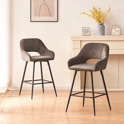 Set of 2 Velvet Bar Stools Fixed Height with Metal Frame and Footrest