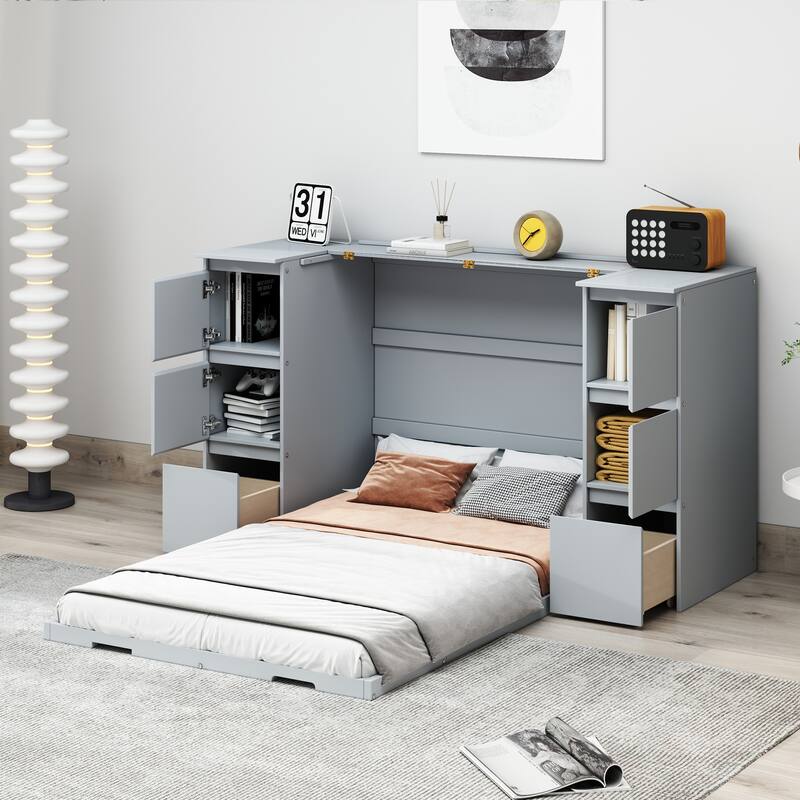Twin Size Murphy Bed with Drawers, Cabinets, USB Ports