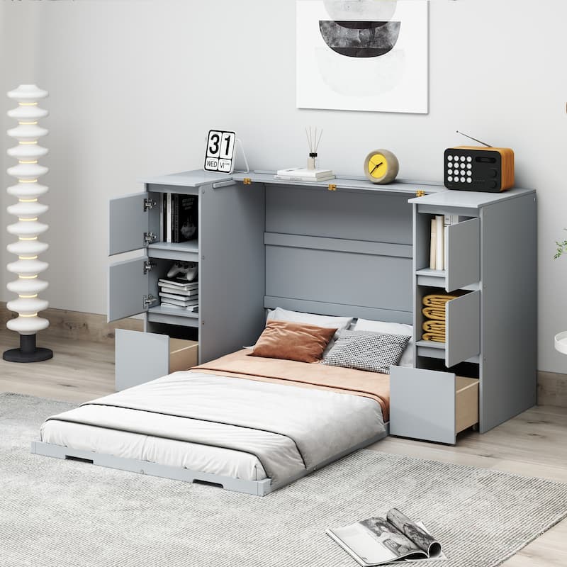 Twin Size Murphy Bed with Drawers, Cabinets and USB Ports