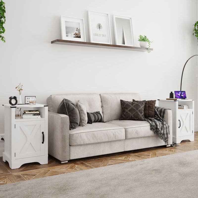 Farmhouse Nightstand with Charging Station and Barn Door (Set of 2)