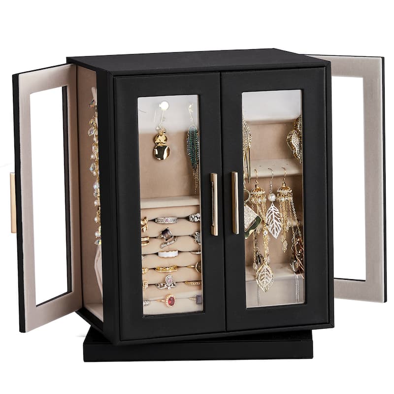 360° Rotating Jewelry Box with 5 Drawers - Black Cabinet & Pink Velvet Interior - Multi