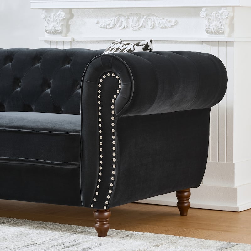 87"Chesterfield ‌velvet upholstery fabric Sofa with Roll Armrest & Nailhead,Upholstered Modern Couch,3 Seater Couch