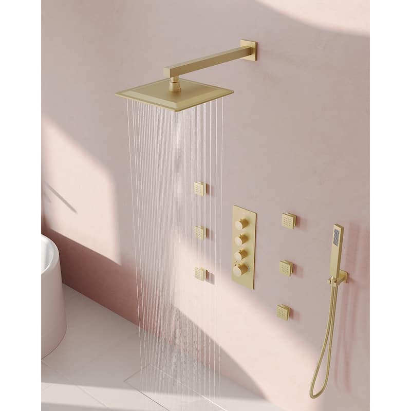 GRANDJOY Thermostatic Shower Faucet Set 12 inch Wall Mount Rainfall Shower Head with 6 Body Jets and Handheld Spray Combo