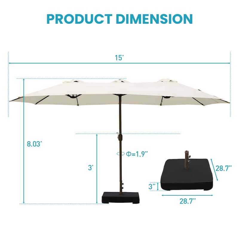 Aoodor 15ft Outdoor Double Sided Market Patio Umbrella with Base Stand