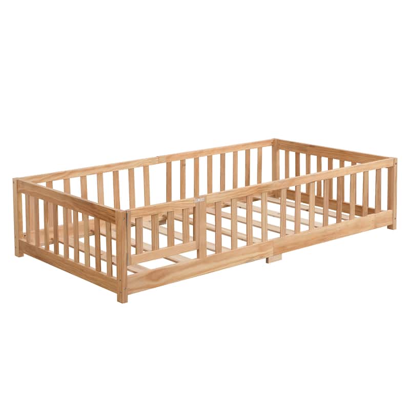 Full Size Floor Bed with Door, Solid Wood Platform Bed Frame with Fence, Suitable for Children, Pine Wood