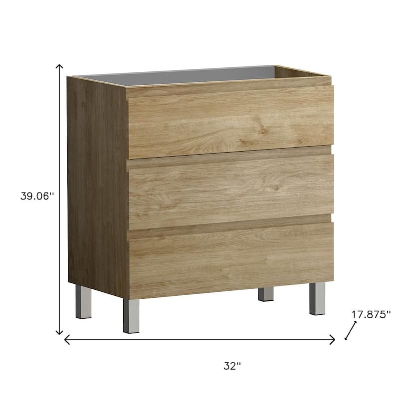 HomeRoots 32" Oak Wood Freestanding Bathroom Vanity With White Sink And Three Drawers - 32.00 in. x 39.06 in. x 17.88 in.
