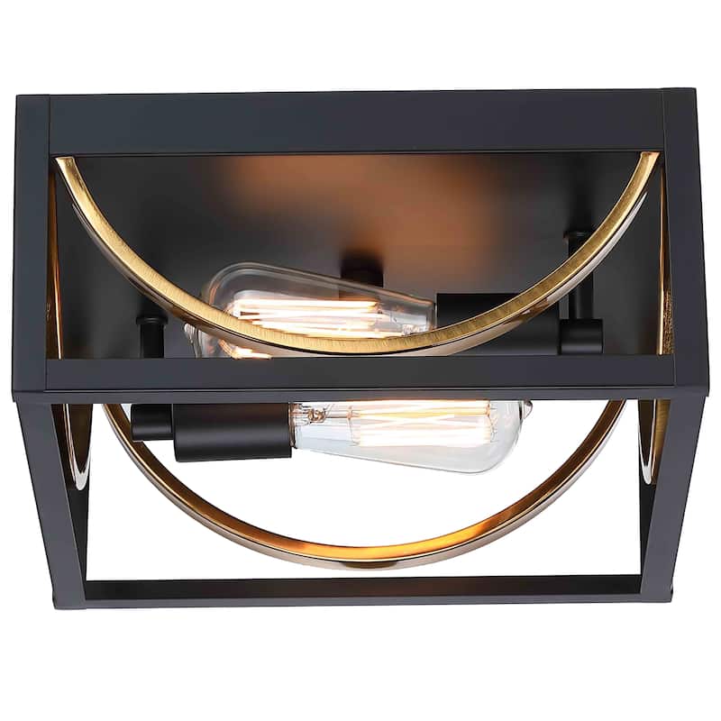 2-Light Caged Flush Mount Light - Black And Golden - 11.8"x11.8"x5.5"